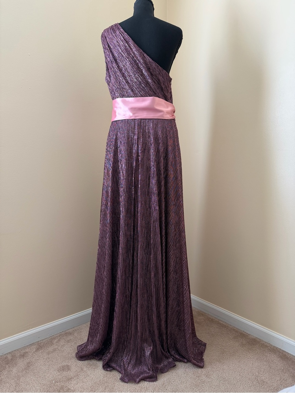 Betsy & Adam One-Shoulder Plum Evening Gown with Pink Satin Waist